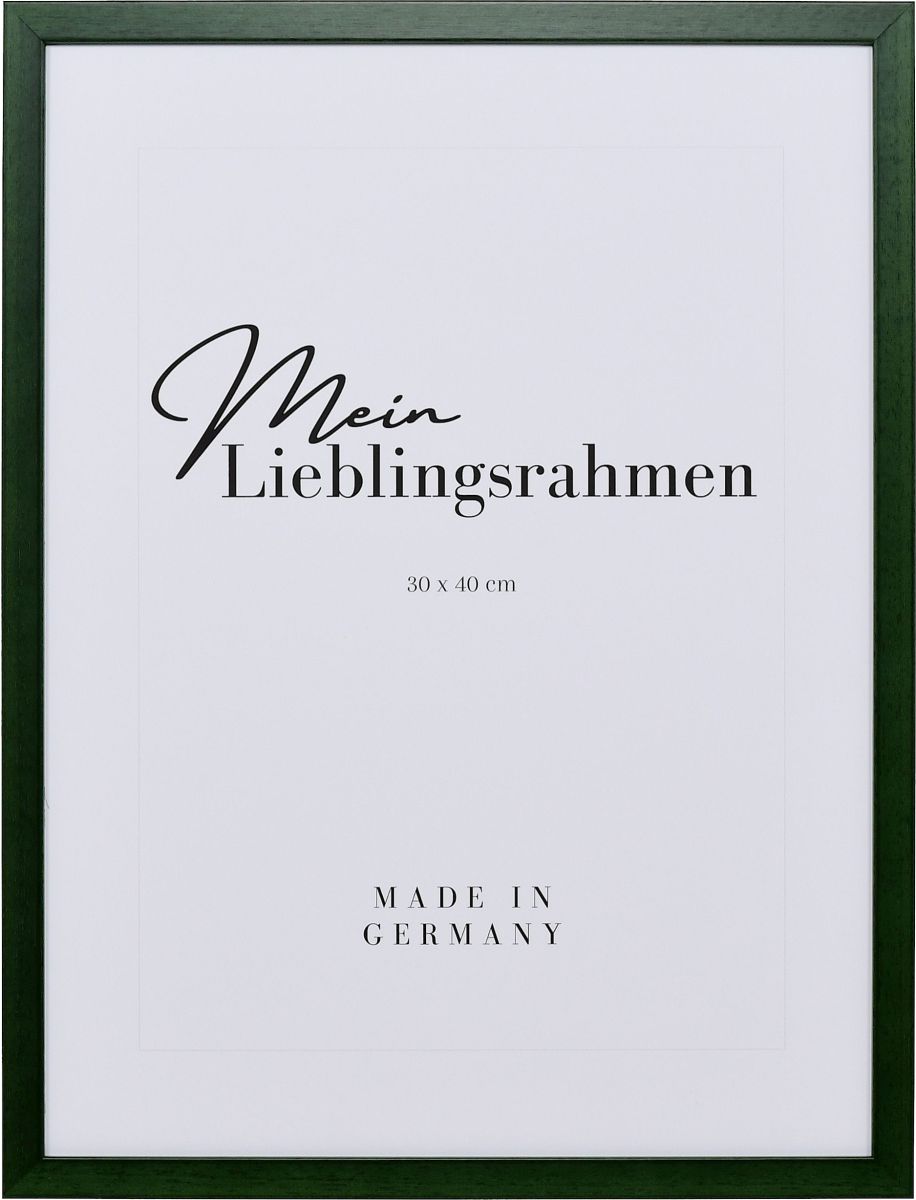 Frontansicht eines schmalen, tannengrünen Bilderrahmens, 7x10 cm, mit sichtbarer Holzstruktur und glatter Oberfläche 
